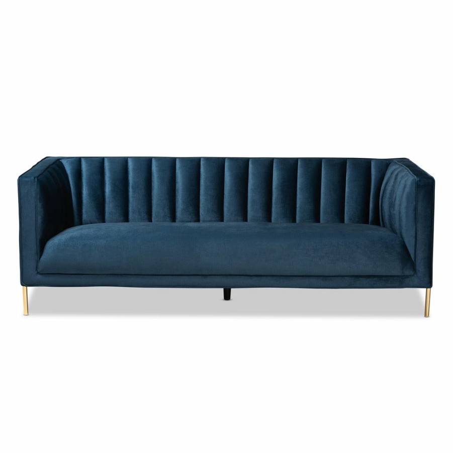 Sofa * | Baxton Studio Reliable Quality Maia Contemporary Glam And Luxe Navy Blue Velvet Fabric Upholstered And Gold Finished Metal Sofa