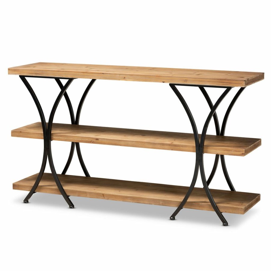 Drawer Table * | Baxton Studio Best Price Terrell Modern Rustic And Industrial Natural Brown Finished Wood And Black Finished Metal Console Table