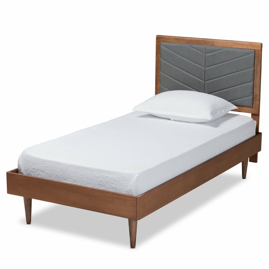 Bed * | Baxton Studio Best Price Tasha Mid-Century Modern Fabric Upholstered And Walnut Brown Finished Wood Twin Size Platform Bed