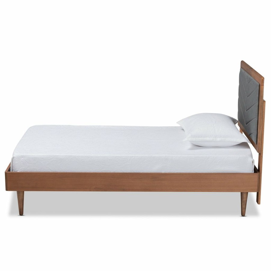 Bed * | Baxton Studio Best Price Tasha Mid-Century Modern Fabric Upholstered And Walnut Brown Finished Wood Twin Size Platform Bed