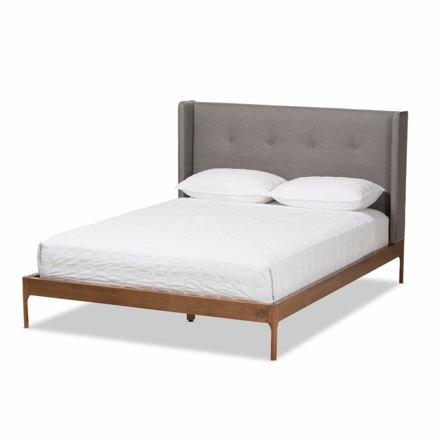 Bed * | Baxton Studio Attractive Brooklyn Mid-Century Modern Walnut Wood Grey Fabric King Size Platform Bed