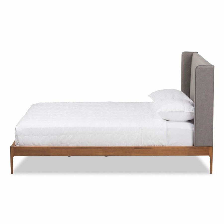 Bed * | Baxton Studio Attractive Brooklyn Mid-Century Modern Walnut Wood Grey Fabric King Size Platform Bed