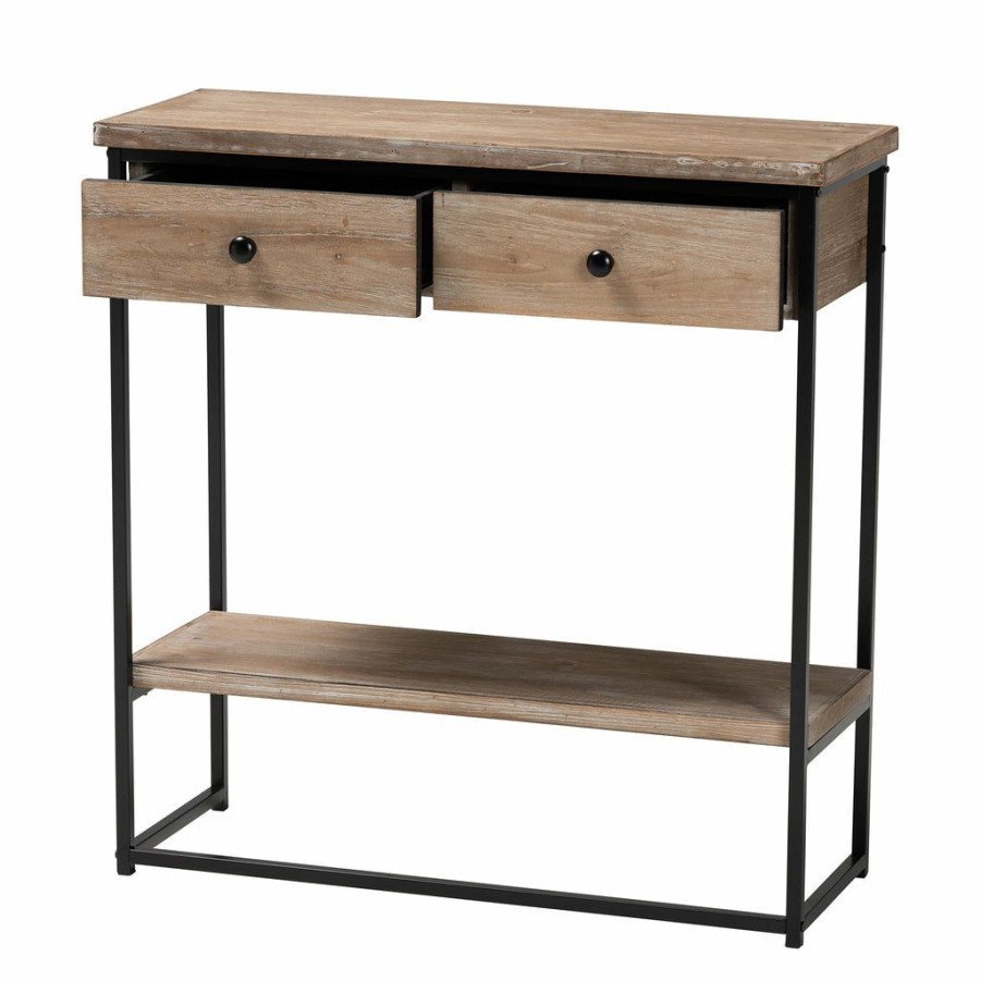 Drawer Table * | Baxton Studio Best Price Silas Modern Industrial Natural Brown Finished Wood And Black Metal 2-Drawer Console Table