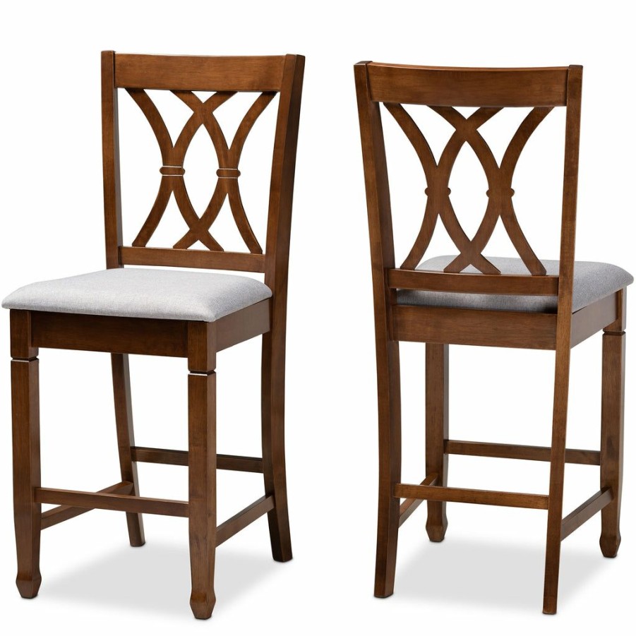 Chair * | Baxton Studio Fashion Reneau Modern And Contemporary Grey Fabric Upholstered Walnut Brown Finished 2-Piece Wood Counter Height Pub Chair Set Set