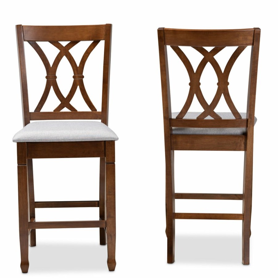 Chair * | Baxton Studio Fashion Reneau Modern And Contemporary Grey Fabric Upholstered Walnut Brown Finished 2-Piece Wood Counter Height Pub Chair Set Set