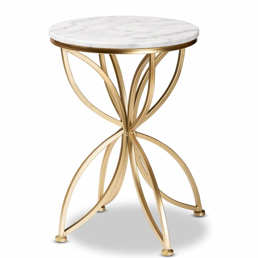 Drawer Table * | Baxton Studio 100% Guarantee Jaclyn Modern And Contemporary Gold Finished Metal End Table With Marble Tabletop