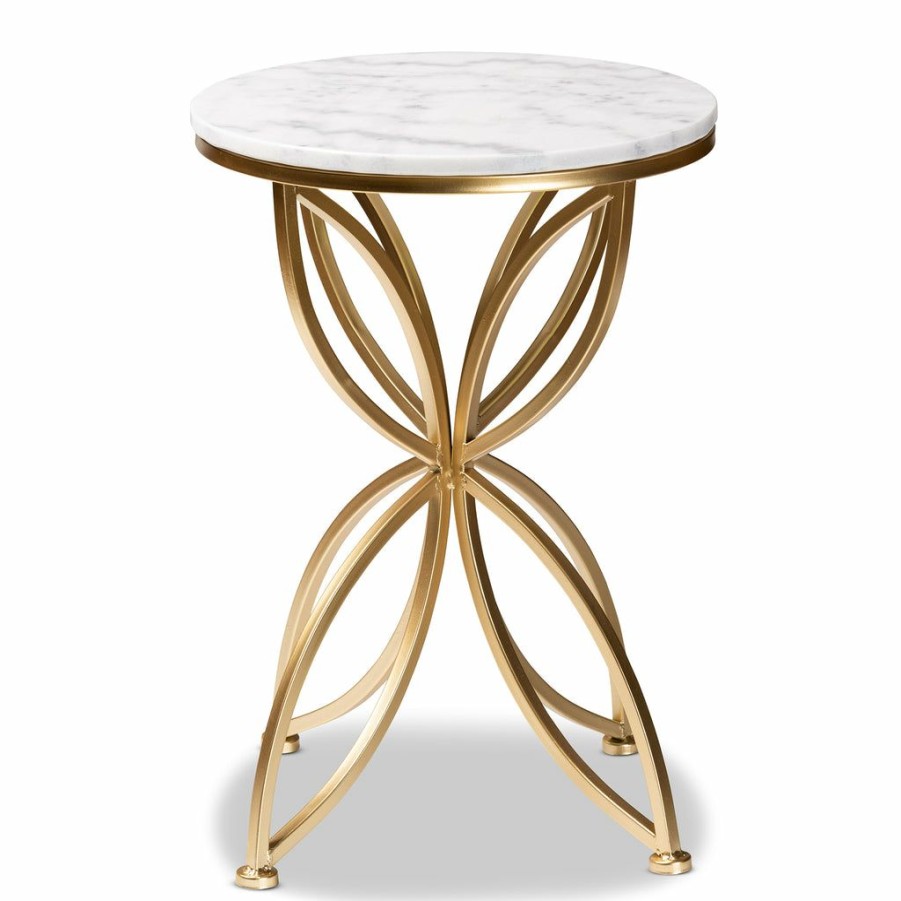 Drawer Table * | Baxton Studio 100% Guarantee Jaclyn Modern And Contemporary Gold Finished Metal End Table With Marble Tabletop