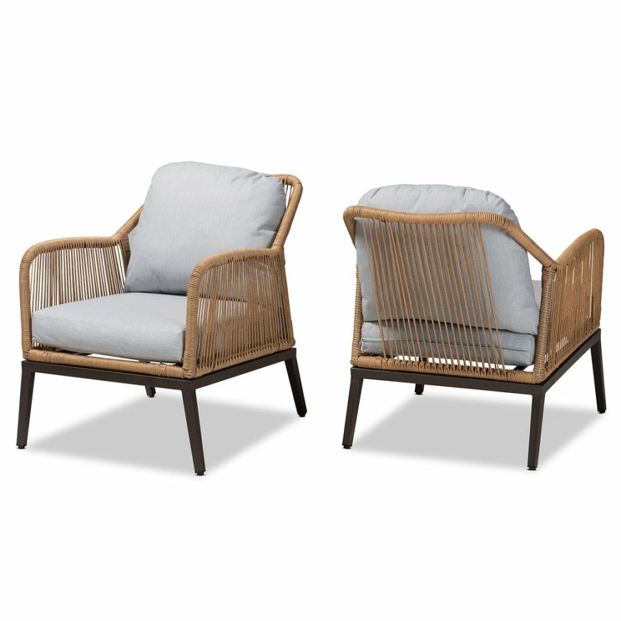 Chair * | Baxton Studio Best Price Endecott Modern And Contemporary Grey Fabric Upholstered And Brown Synthetic Rattan 2-Piece Patio Chair Set