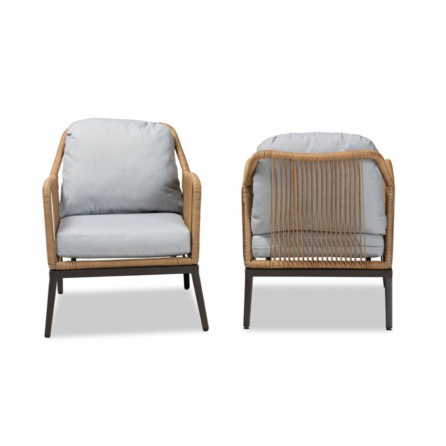 Chair * | Baxton Studio Best Price Endecott Modern And Contemporary Grey Fabric Upholstered And Brown Synthetic Rattan 2-Piece Patio Chair Set