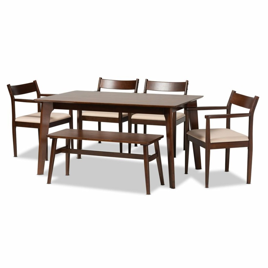 Dining Set * | Baxton Studio Best Price Coretta Mid-Century Modern Cream Fabric And Dark Brown Finished Wood Dining Set Cream/Dark Brown