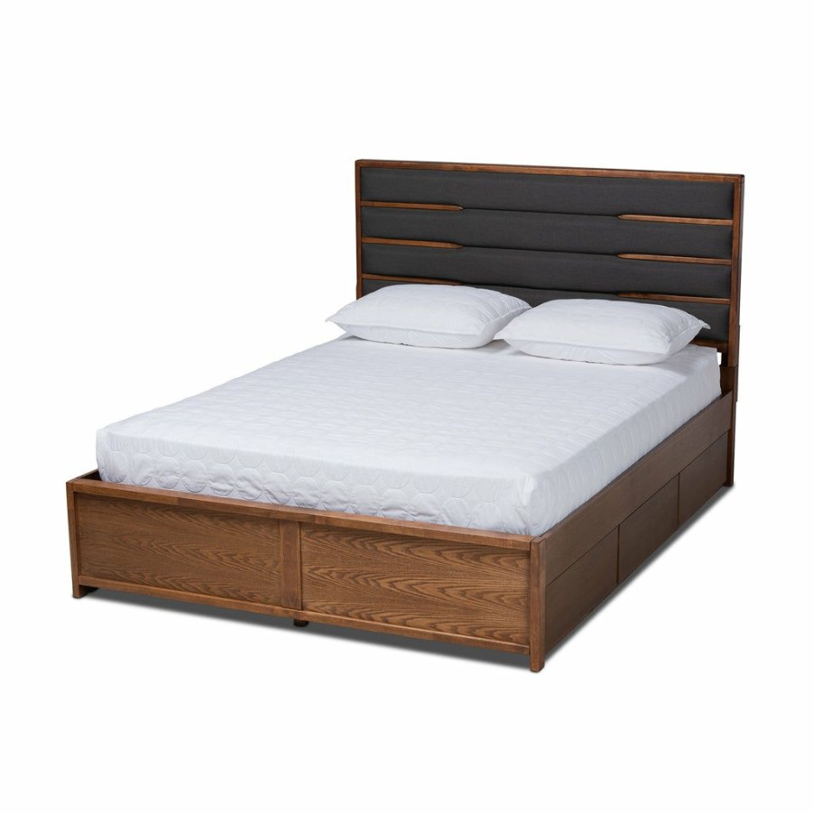 Bed * | Baxton Studio Hot Selling Elin Modern And Contemporary Dark Grey Fabric Upholstered Walnut Finished Wood King Size Platform Storage Bed With Six Drawers