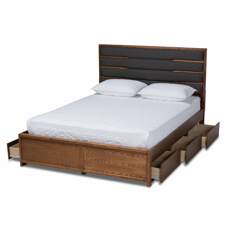 Bed * | Baxton Studio Hot Selling Elin Modern And Contemporary Dark Grey Fabric Upholstered Walnut Finished Wood King Size Platform Storage Bed With Six Drawers