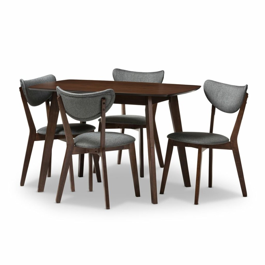 Dining Set * | Baxton Studio Discount Hadrea Mid-Century Modern Walnut-Finished Dark Grey Fabric Upholstered 5-Piece Dining Set