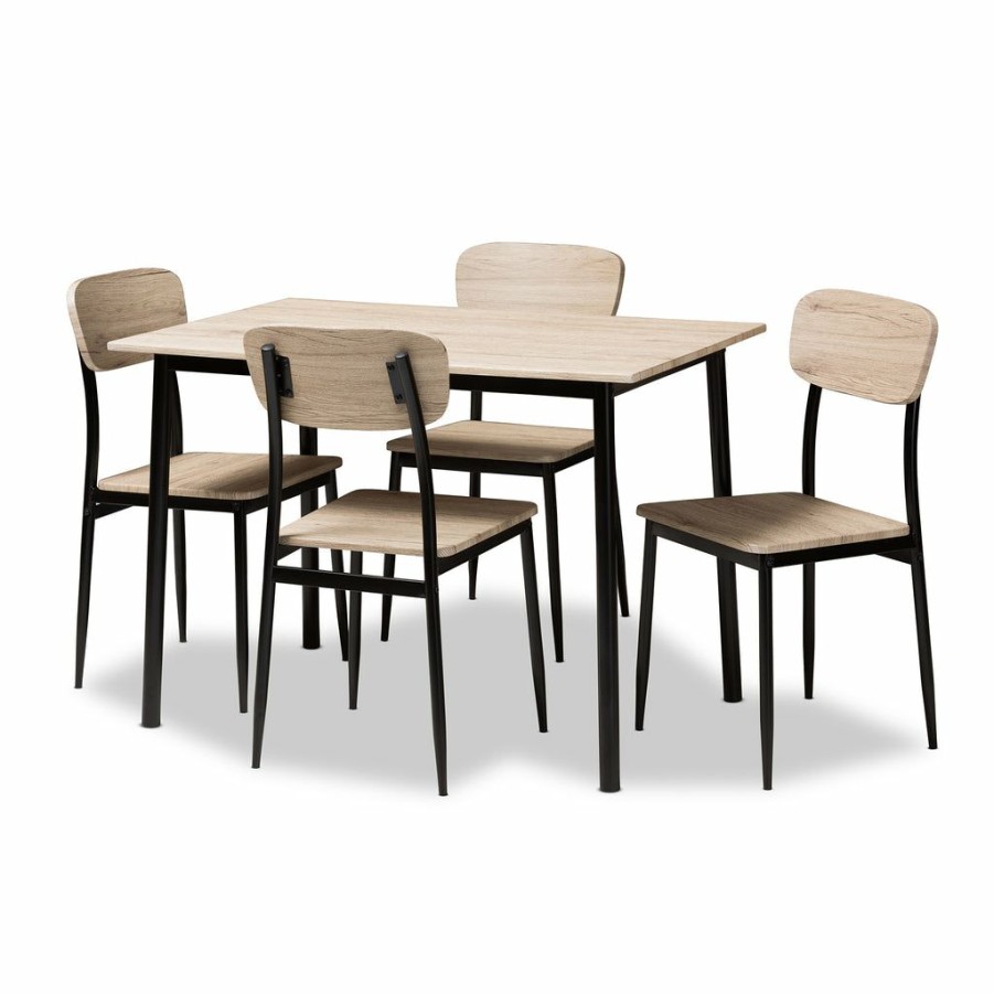 Dining Set * | Baxton Studio Cheaper Honore Mid-Century Modern Light Brown Wood Finished Matte Black Frame 5-Piece Dining Set