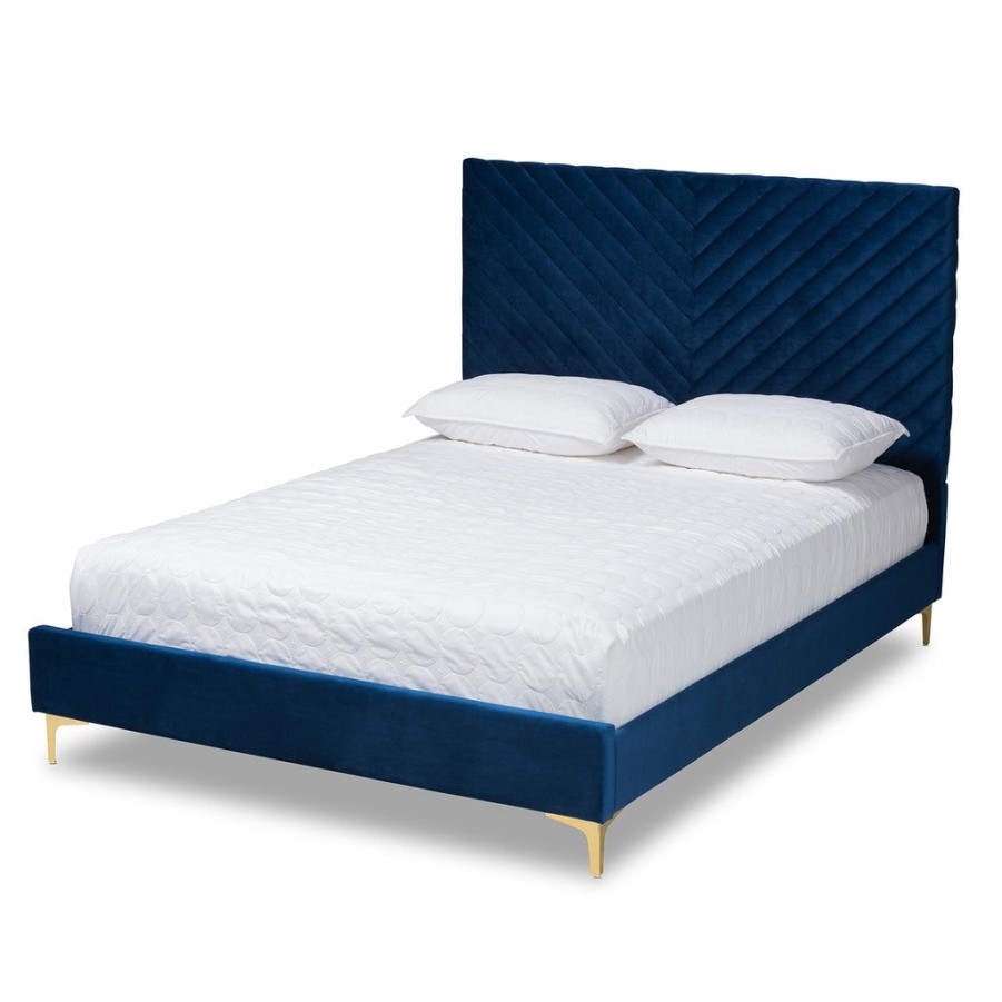 Bed * | Baxton Studio High Quality Fabrico Contemporary Glam And Luxe Velvet Fabric Upholstered And Gold Metal Platform Bed Navy Blue/Gold