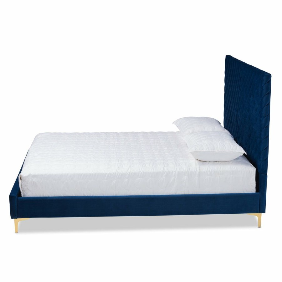 Bed * | Baxton Studio High Quality Fabrico Contemporary Glam And Luxe Velvet Fabric Upholstered And Gold Metal Platform Bed Navy Blue/Gold