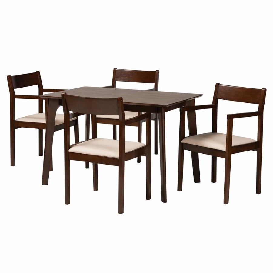 Dining Set * | Baxton Studio Cheap Helene Mid-Century Modern Cream Fabric And Dark Brown Finished Wood 5-Piece Dining Set