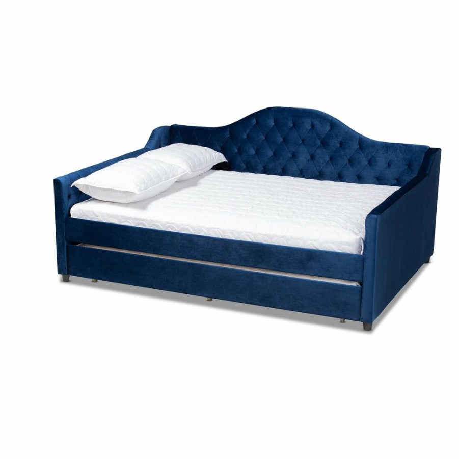 Bed * | Baxton Studio Top Sell Perry Modern And Contemporary Royal Blue Velvet Fabric Upholstered And Button Tufted Full Size Daybed With Trundle