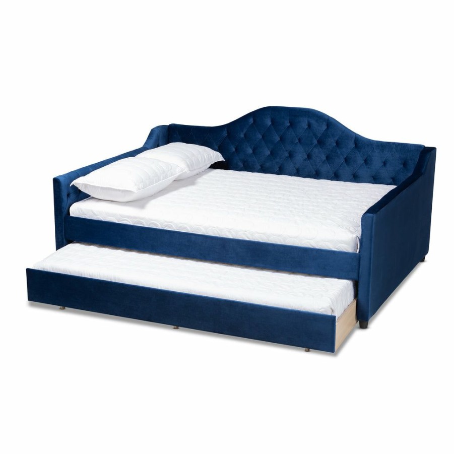 Bed * | Baxton Studio Top Sell Perry Modern And Contemporary Royal Blue Velvet Fabric Upholstered And Button Tufted Full Size Daybed With Trundle