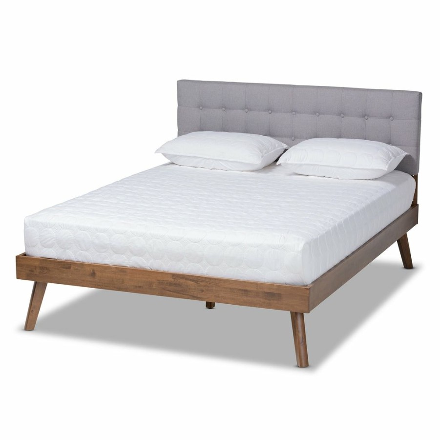 Bed * | Baxton Studio Typical Style Devan Mid-Century Modern Fabric Upholstered Walnut Brown Finished Wood Full Size Platform Bed