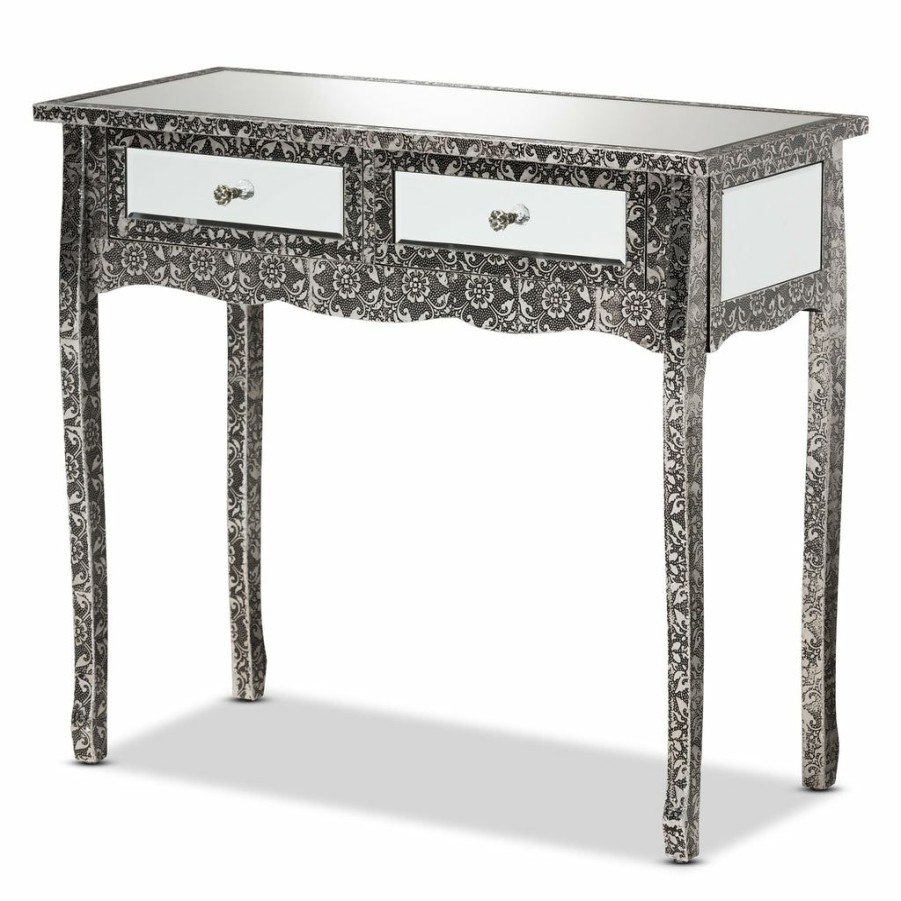 Drawer Table * | Baxton Studio High Quality Wycliff Industrial Glam And Luxe Silver Finished Metal And Mirrored Glass 2-Drawer Console Table