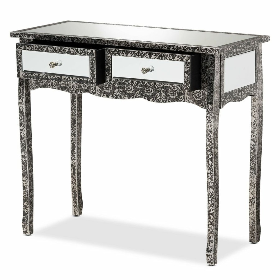 Drawer Table * | Baxton Studio High Quality Wycliff Industrial Glam And Luxe Silver Finished Metal And Mirrored Glass 2-Drawer Console Table