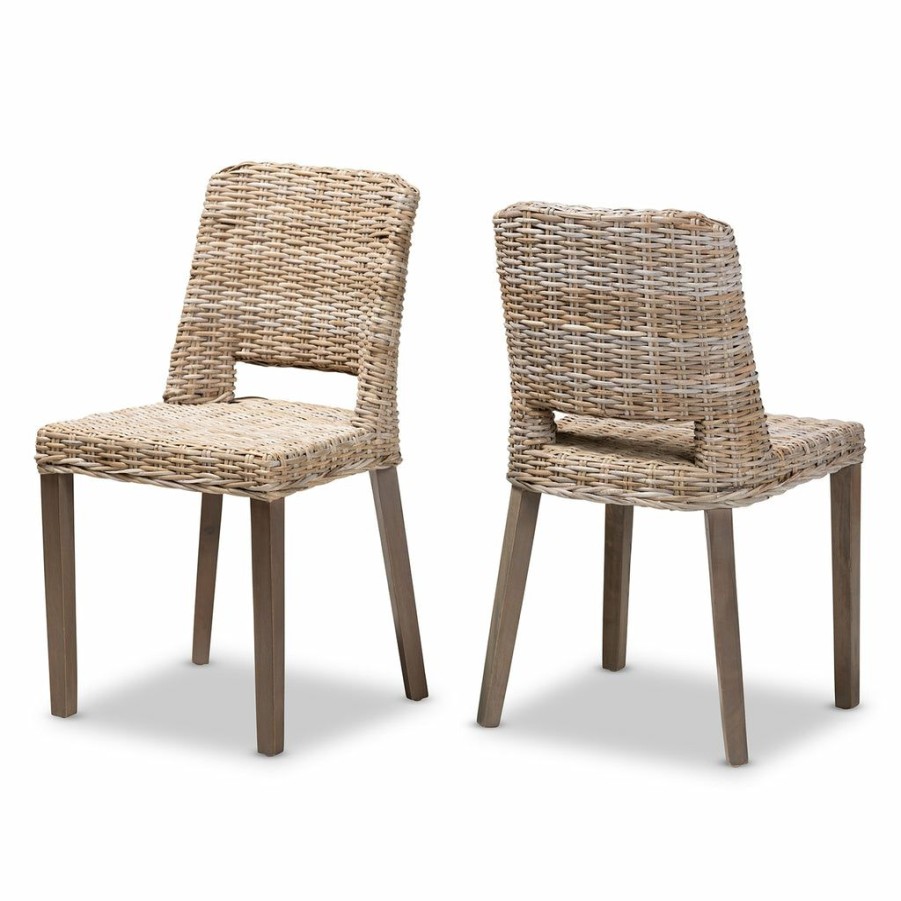 Dining Chair * | Baxton Studio Top Sell Magy Modern Bohemian Grey Rattan And Natural Brown Finished Wood 2-Piece Dining Chair Set