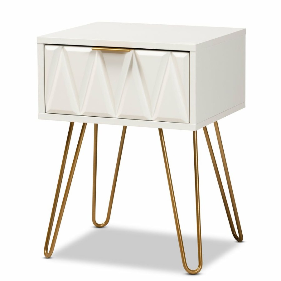 Drawer Table * | Baxton Studio Best Price Holbrook Contemporary Glam And Luxe White Finished Wood And Gold Metal 1-Drawer End Table