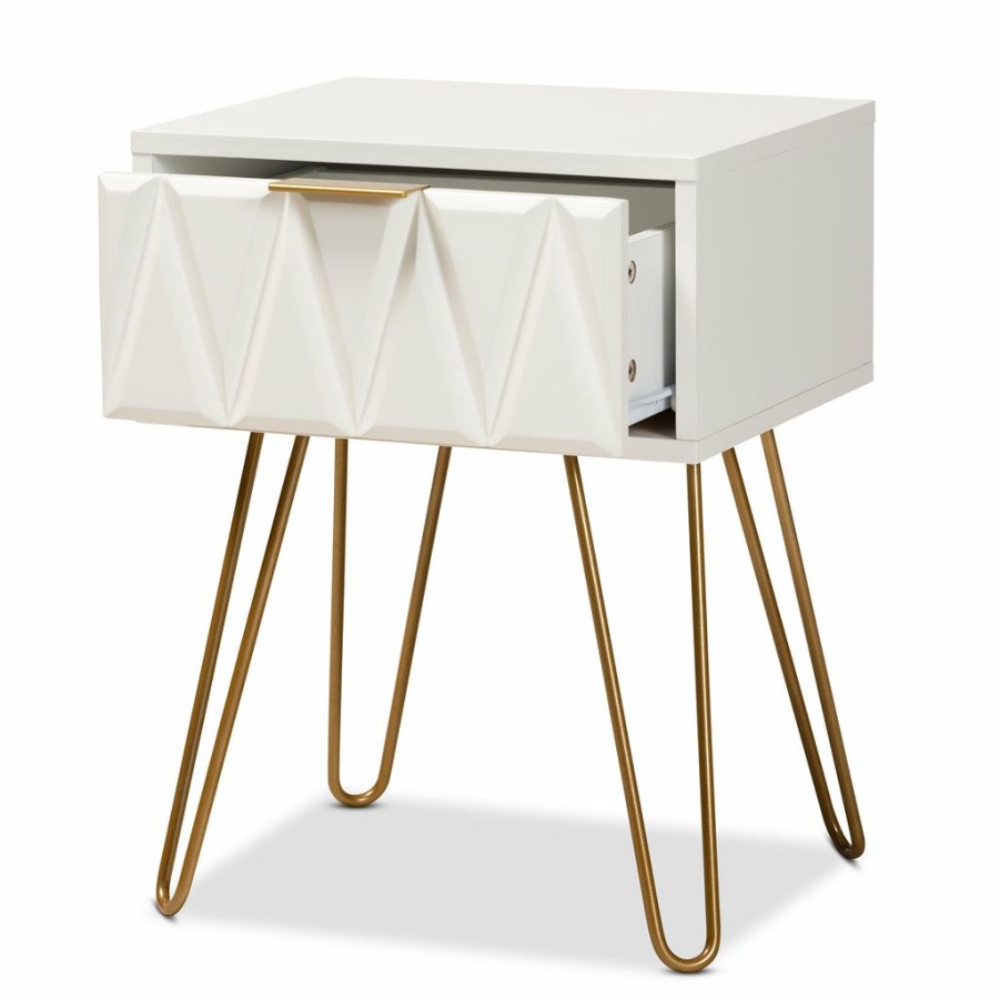 Drawer Table * | Baxton Studio Best Price Holbrook Contemporary Glam And Luxe White Finished Wood And Gold Metal 1-Drawer End Table