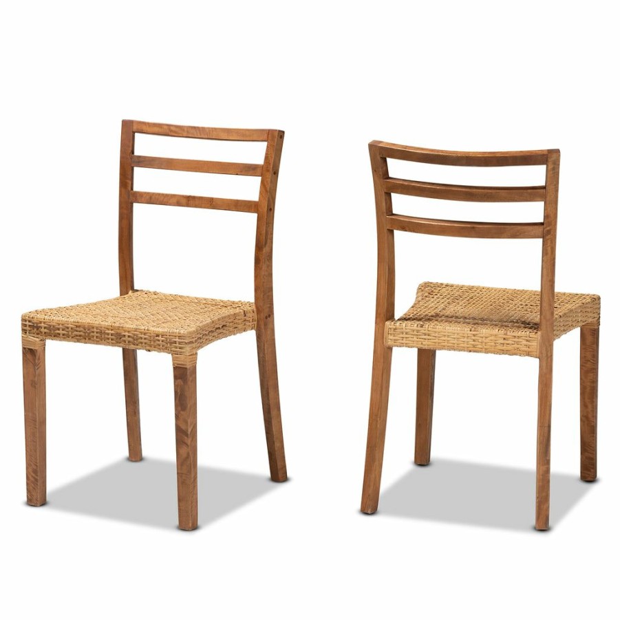 Dining Chair * | Baxton Studio Fashion Arthur Mid-Century Modern Walnut Brown Finished Wood And Natural Rattan 2-Piece Dining Chair Set