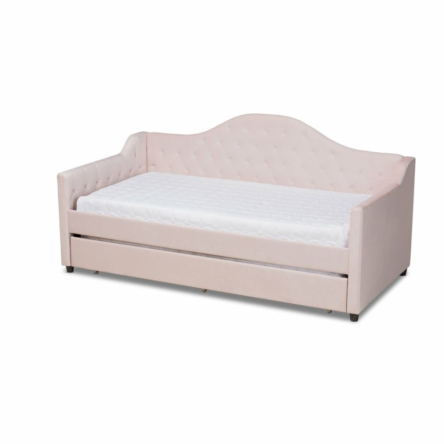 Bed * | Baxton Studio Cheap Perry Modern And Contemporary Light Pink Velvet Fabric Upholstered And Button Tufted Twin Size Daybed With Trundle