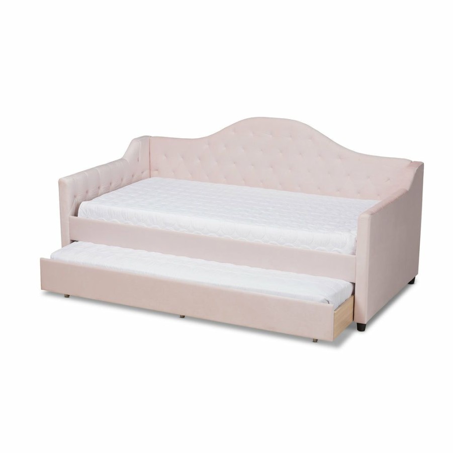 Bed * | Baxton Studio Cheap Perry Modern And Contemporary Light Pink Velvet Fabric Upholstered And Button Tufted Twin Size Daybed With Trundle