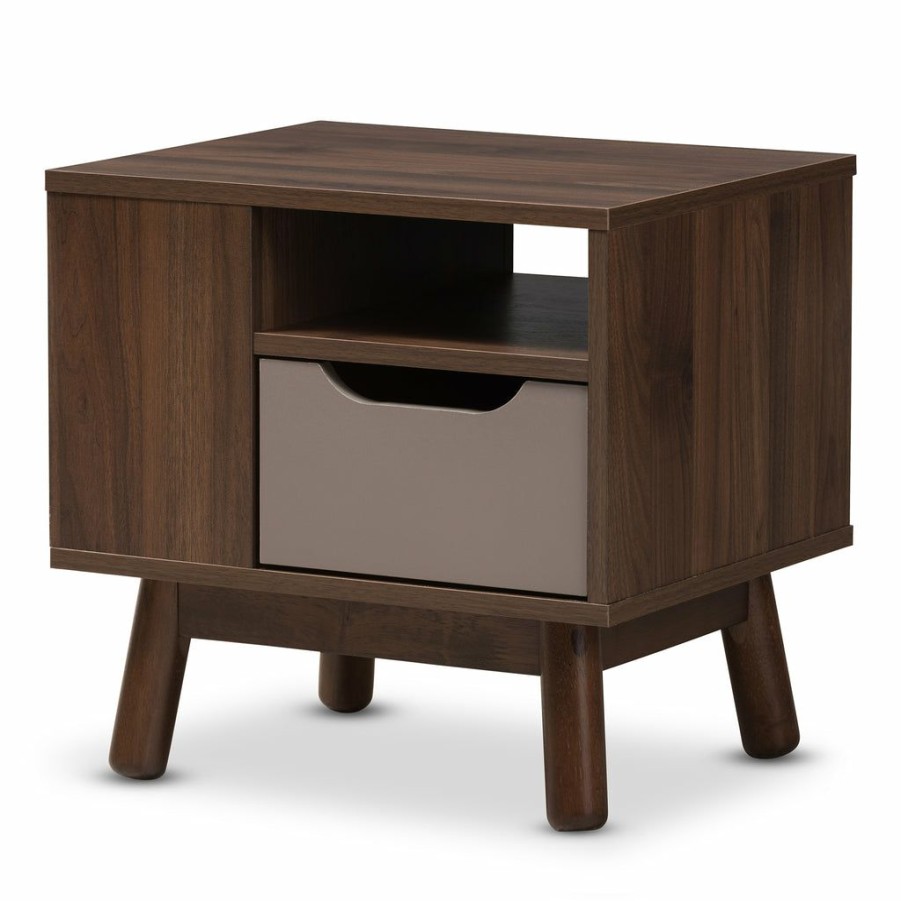 Nightstand * | Baxton Studio Fashion Britta Mid-Century Modern Walnut Brown And Grey Two-Tone Finished Wood Nightstand