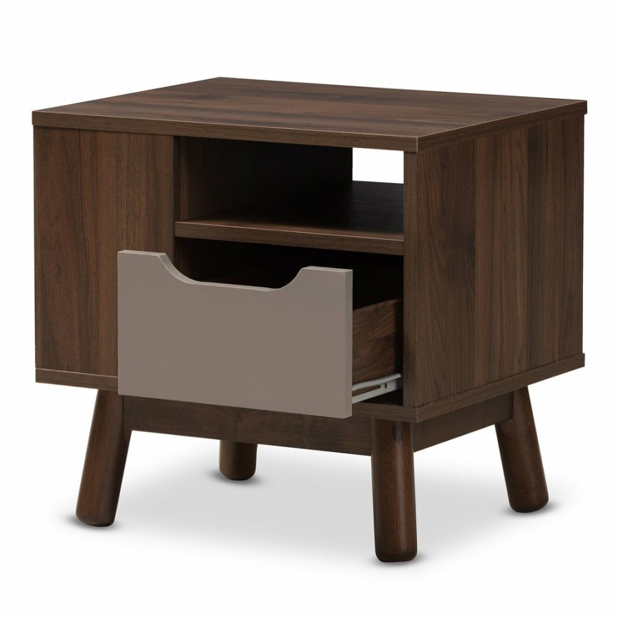 Nightstand * | Baxton Studio Fashion Britta Mid-Century Modern Walnut Brown And Grey Two-Tone Finished Wood Nightstand