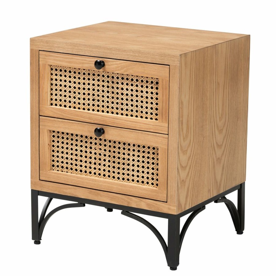 Nightstand * | Baxton Studio Low Price Weslan Mid-Century Modern Industrial Natural Brown Finished Wood And Black Metal 2-Drawer Nightstand