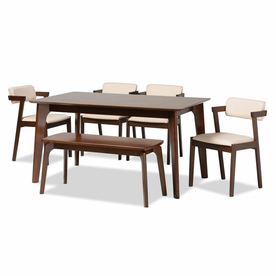 Dining Set * | Baxton Studio Reliable Quality Althea Mid-Century Modern Transitional Fabric And Dark Brown Finished Wood Dining Set