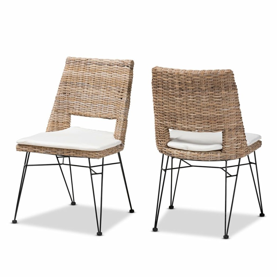 Dining Chair * | Baxton Studio Discount Nafaro Modern Bohemian Grey Natural Rattan Metal Dining Chair With Cushion 2-Piece Set