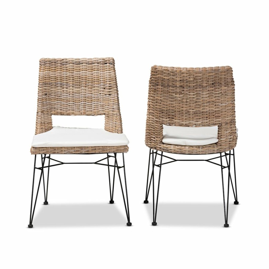 Dining Chair * | Baxton Studio Discount Nafaro Modern Bohemian Grey Natural Rattan Metal Dining Chair With Cushion 2-Piece Set