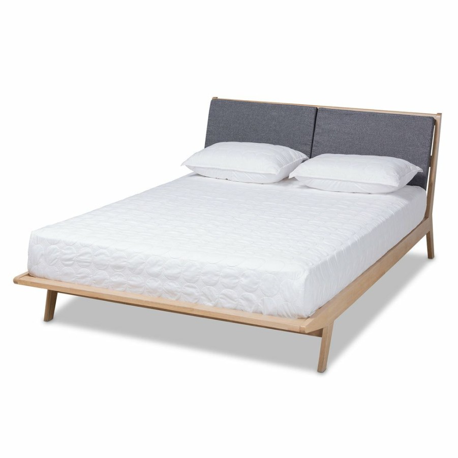 Bed * | Baxton Studio Cheaper Emile Modern And Contemporary Grey Fabric Upholstered Natural Oak Finished Wood King Size Platform Bed