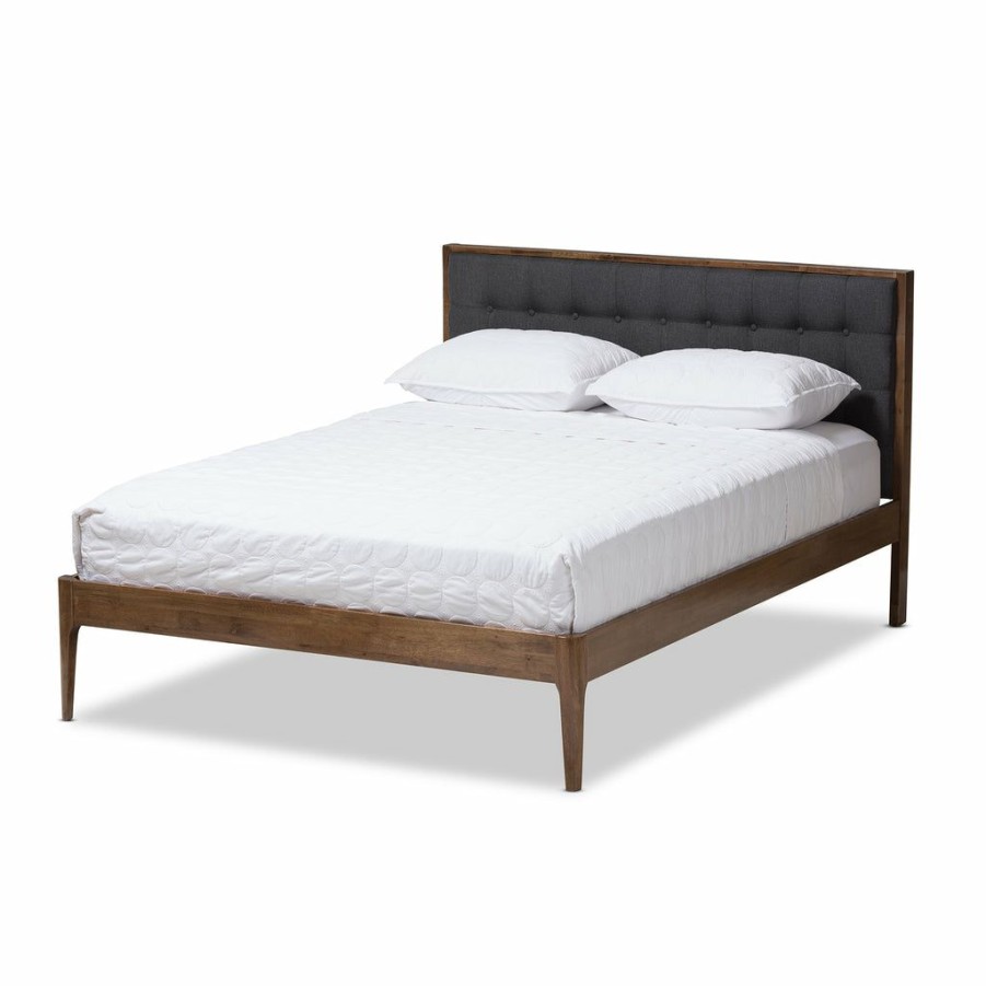 Bed * | Baxton Studio Best Price Jupiter Mid-Century Modern Grey Fabric Upholstered Button-Tufted Queen Size Platform Bed