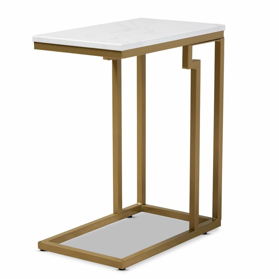 Drawer Table * | Baxton Studio Reliable Quality Renzo Modern And Contemporary Brushed Gold Finished Metal End Table With Faux Marble Tabletop