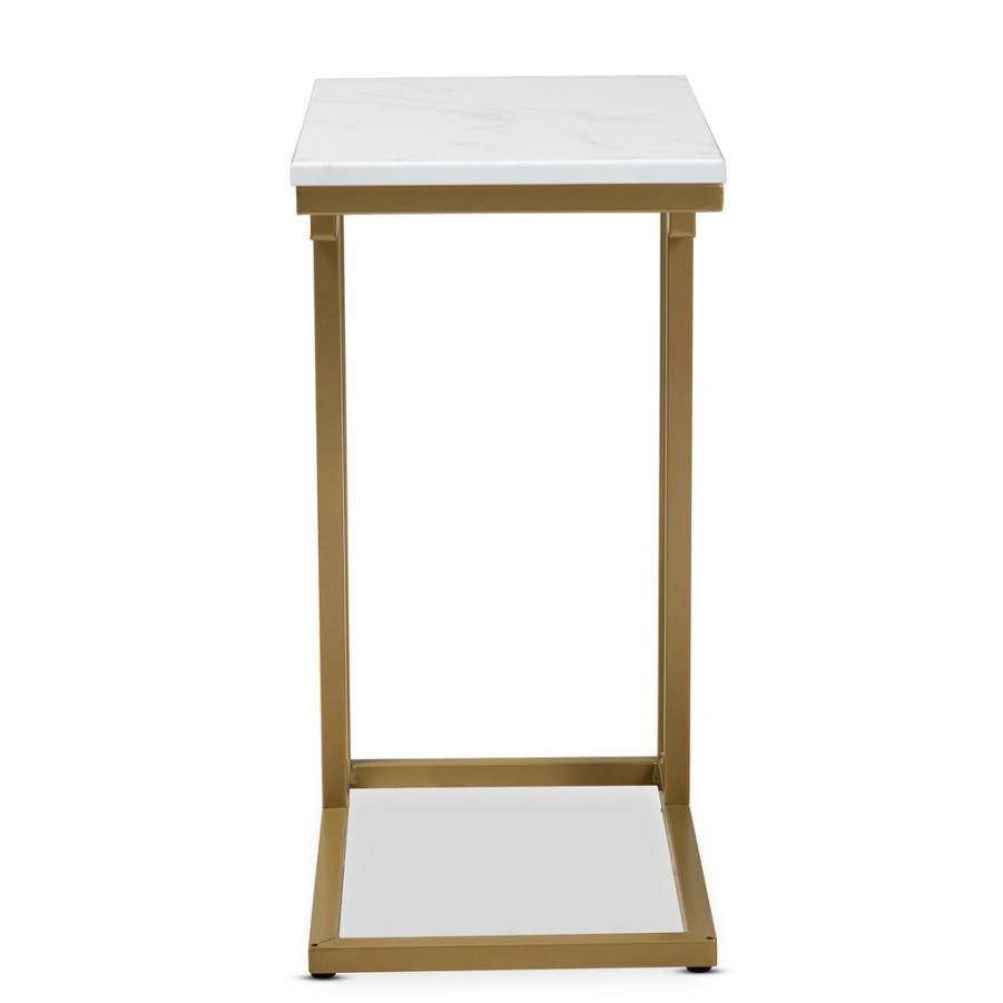 Drawer Table * | Baxton Studio Reliable Quality Renzo Modern And Contemporary Brushed Gold Finished Metal End Table With Faux Marble Tabletop