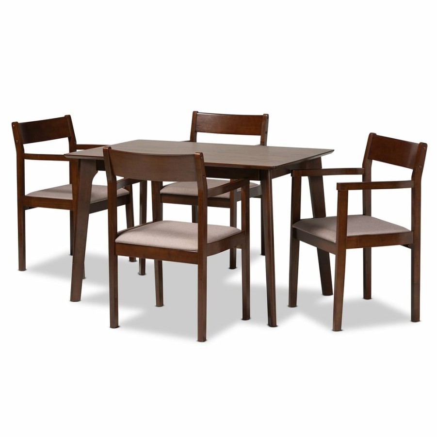 Dining Set * | Baxton Studio Less Expensive Helene Mid-Century Modern Warm Grey Fabric And Dark Brown Finished Wood 5-Piece Dining Set