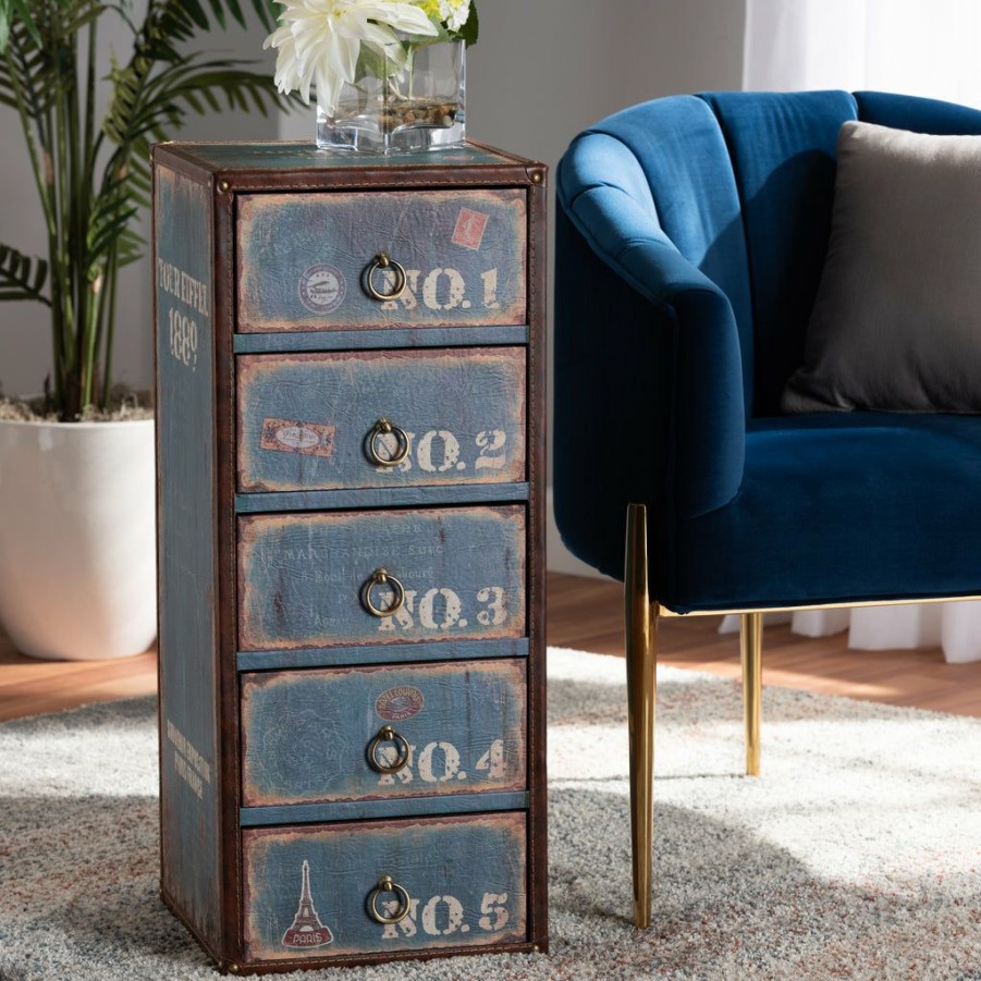 Shoe Cabinet * | Baxton Studio Fashion Alba Vintage Rustic French Inspired Blue Finished Wood 5-Drawer Accent Storage Cabinet