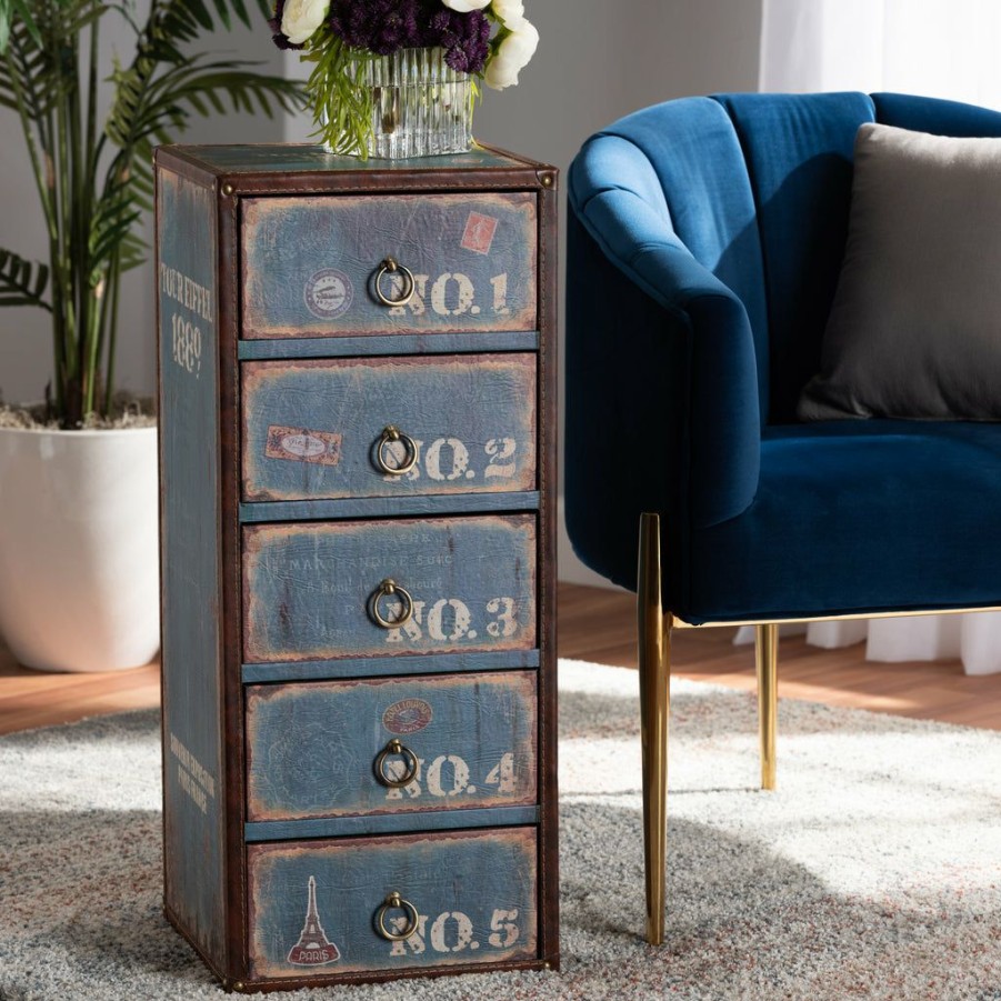 Shoe Cabinet * | Baxton Studio Fashion Alba Vintage Rustic French Inspired Blue Finished Wood 5-Drawer Accent Storage Cabinet