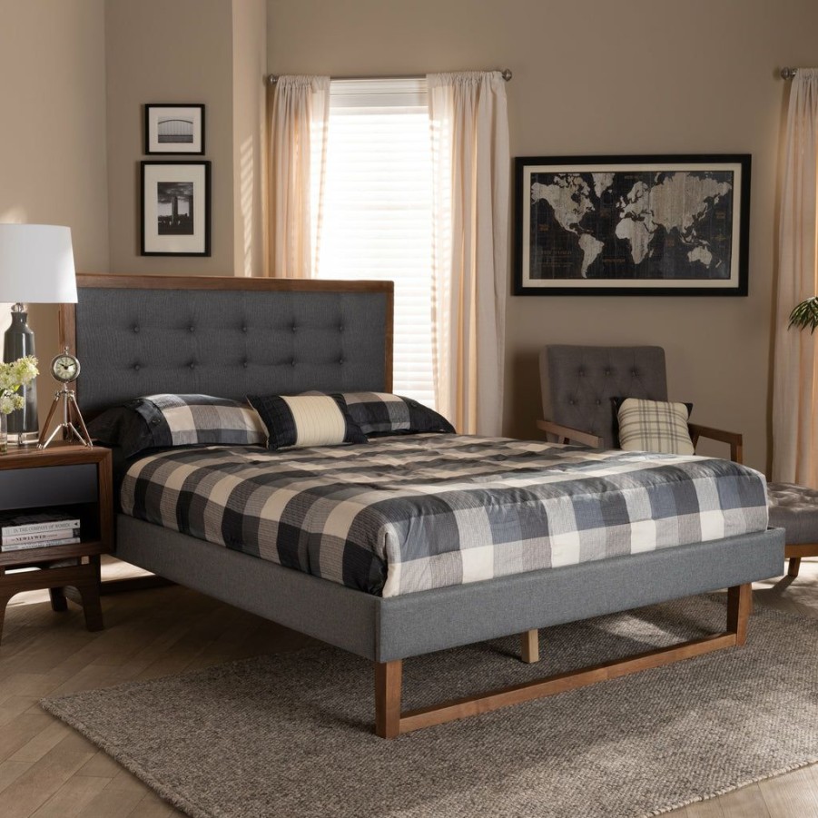 Bed * | Baxton Studio Less Expensive Emele Modern Transitional Dark Grey Fabric Upholstered And Ash Walnut Brown Finished Wood King Size Platform Bed