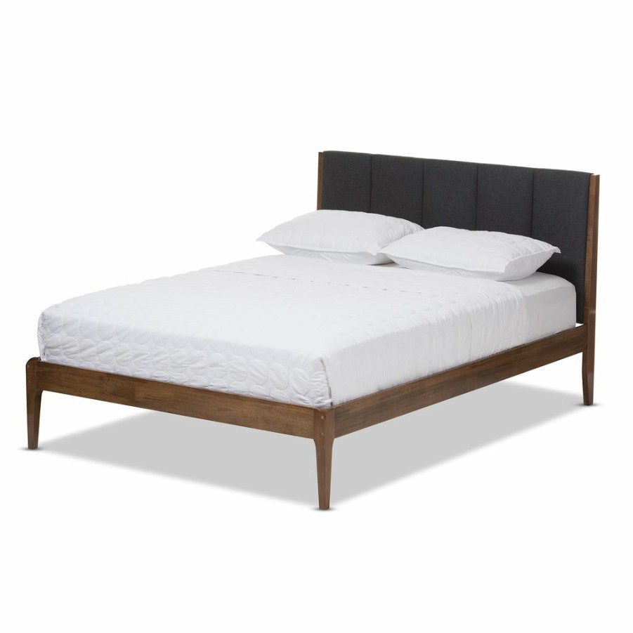 Bed * | Baxton Studio Typical Style Ember Mid-Century Dark Grey Fabric And Medium Brown Finish Wood Queen Size Platform Bed