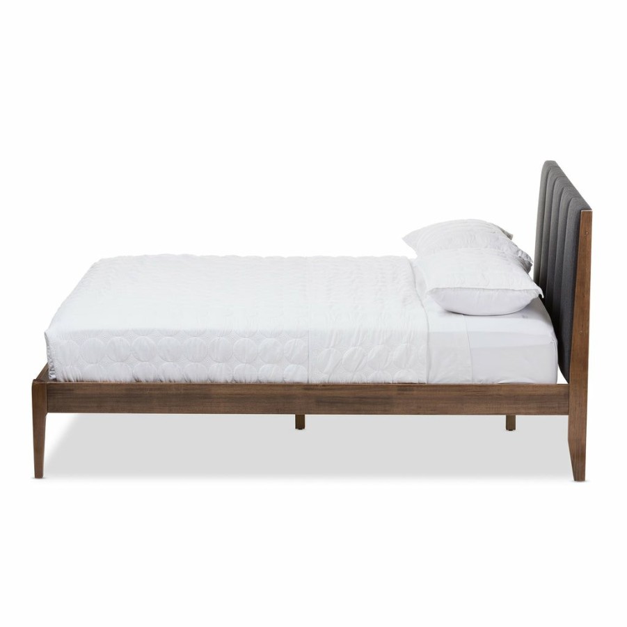 Bed * | Baxton Studio Typical Style Ember Mid-Century Dark Grey Fabric And Medium Brown Finish Wood Queen Size Platform Bed