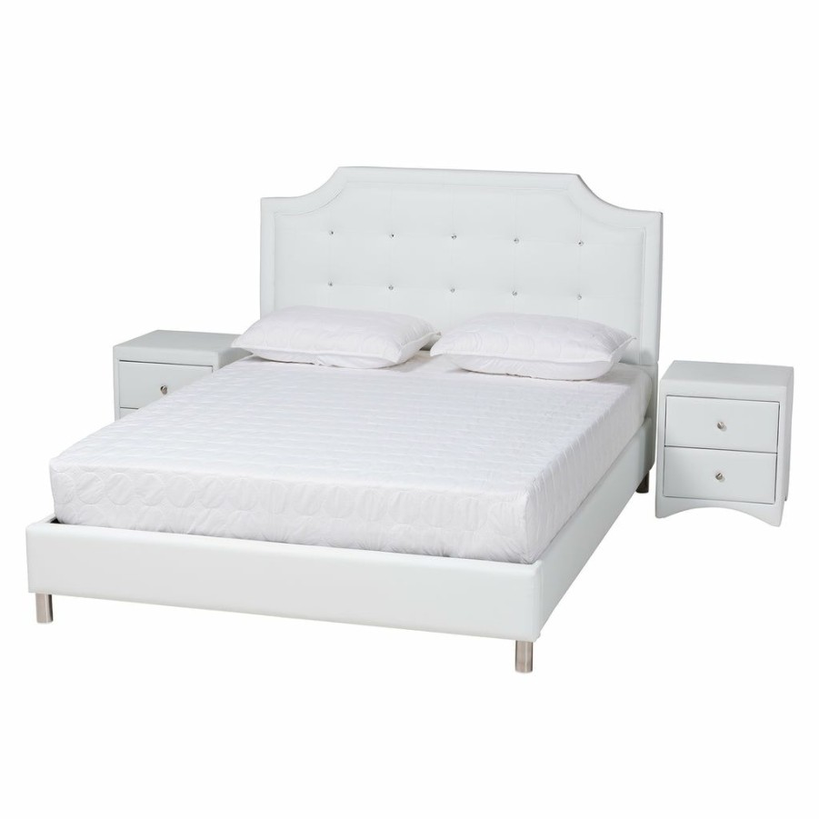 Bed * | Baxton Studio Cheaper Carlotta Contemporary Glam White Faux Leather Upholstered 3-Piece Bedroom Set