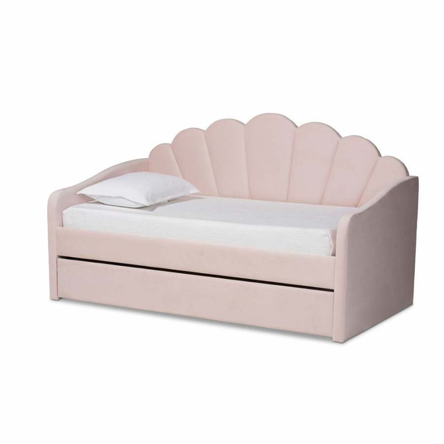 Bed * | Baxton Studio Fashion Timila Modern And Contemporary Light Pink Velvet Fabric Upholstered Full Size Daybed With Trundle